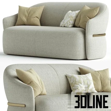 High-end 3D model of Madame Butterfly 2-seater curved sofa with fabric upholstery and decorative throw pillows