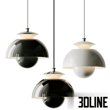High-quality 3D model set of Macaron metal pendant lamps with layered dome design in glossy black and white finishes