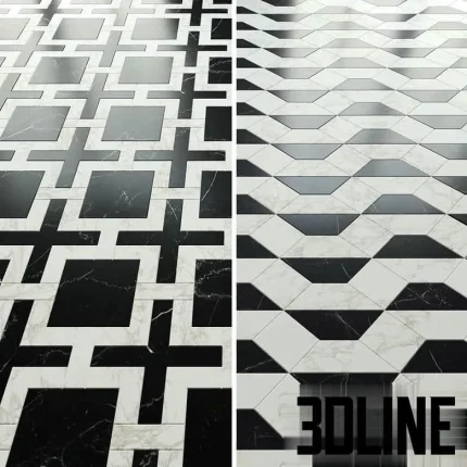 High-resolution 3D material of Madique Factory geometric marble floor tiles in black and white pattern for luxury interior visualization