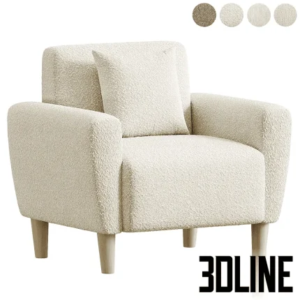 High-quality 3D model of Mid-Century modern accent chair with teddy/boucle fabric upholstery and wooden legs