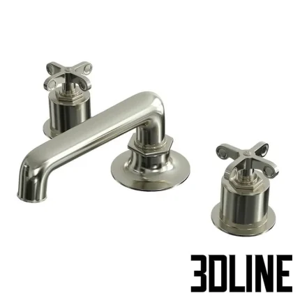 High-detail 3D model of Henry Low Profile three-hole mixer tap with cross handles in brushed nickel finish for luxury bathroom render