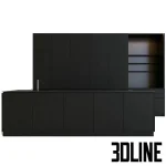 High-resolution 3D model of a modern black kitchen set with flat panel cabinets, Ritmonio faucet, and Miele appliances for luxury interior visualization