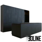 High-resolution 3D model of a modern black kitchen set with flat panel cabinets, Ritmonio faucet, and Miele appliances for luxury interior visualization