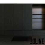 High-resolution 3D model of a modern black kitchen set with flat panel cabinets, Ritmonio faucet, and Miele appliances for luxury interior visualization