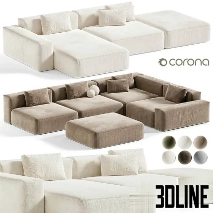High-resolution 3D model of BON ONE modular sofa with deep seating cushions and multiple configuration options in fabric