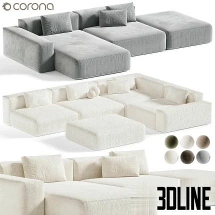 High-resolution 3D model of BON ONE modular sofa with deep seating cushions and multiple configuration options in fabric