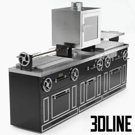 High-detail 3D model of Grillvett multifunctional commercial grill and oven station with stainless steel and black matte finish