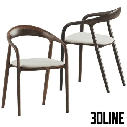 High-quality 3D model set of Artisan Neva dining chairs with curved wood frame and upholstered seat in dark oak finish