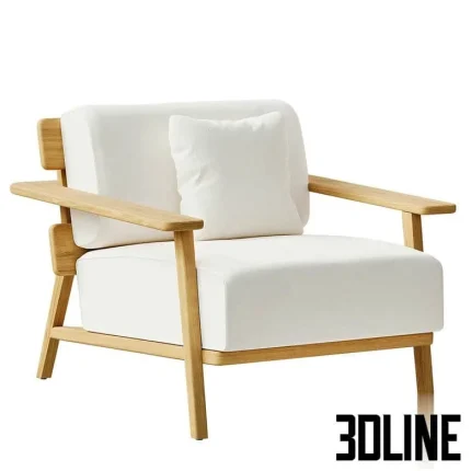 High-quality 3D model of POINT PARALEL garden armchair with natural wooden frame and thick white cushions for luxury patio render