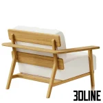 High-quality 3D model of POINT PARALEL garden armchair with natural wooden frame and thick white cushions for luxury patio render