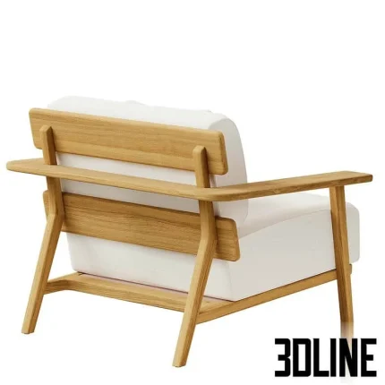 High-quality 3D model of POINT PARALEL garden armchair with natural wooden frame and thick white cushions for luxury patio render