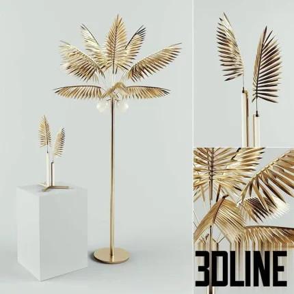 High-end 3D model of Palmira and Alexandriya gold brass palm tree floor lamp and table lamp set for luxury interiors
