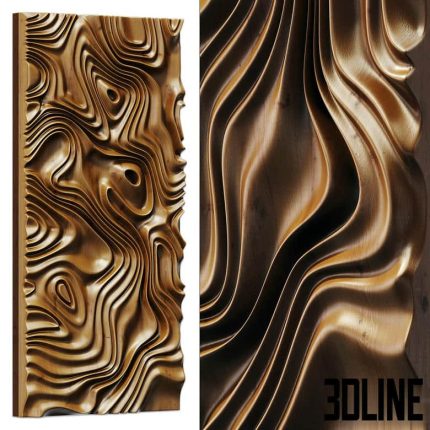 High-detail 3D model of a parametric wood wall panel with liquid, flowing design for luxury interior render