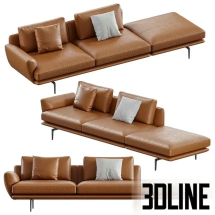 High-end 3D model of Poltrona Frau Get Back XS leather sofa with chaise longue for luxury living room render