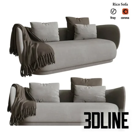 High-quality 3D model of Rico sofa with plush velvet fabric, rounded silhouette, and throw blanket for modern interior render