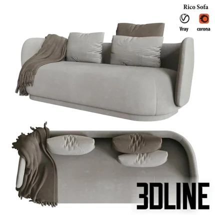 High-quality 3D model of Rico sofa with plush velvet fabric, rounded silhouette, and throw blanket for modern interior render