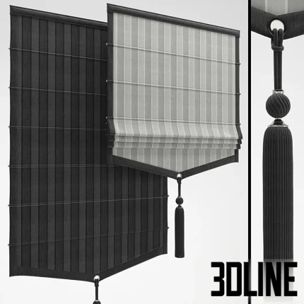High-resolution 3D model of a luxury Roman shade window treatment in black fabric with decorative tassel and string detailing