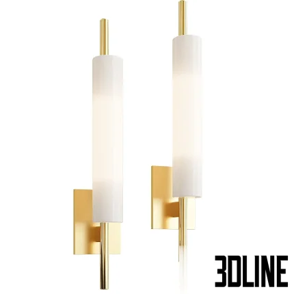 High-quality 3D model set of Safira linear wall sconces in brass finish with cylindrical white glass shades for luxury interior lighting