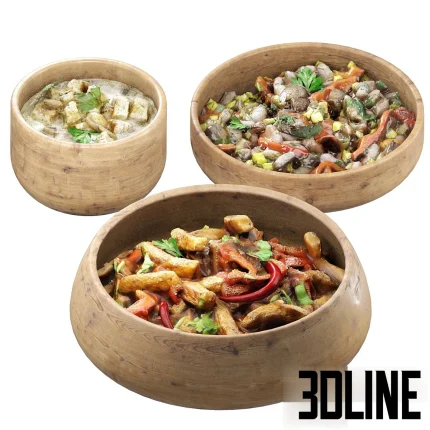 High-resolution 3D model set of several ready-cooked meals (stews, stir-fry) in rustic wooden bowls for dining table visualization