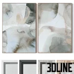 High-resolution 3D model set of two abstract wall paintings with neutral tones, gold accents, and choice of frame colors
