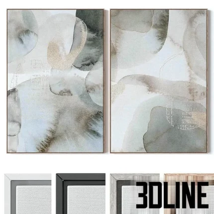 High-resolution 3D model set of two abstract wall paintings with neutral tones, gold accents, and choice of frame colors
