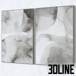 High-resolution 3D model set of two abstract wall paintings with neutral tones, gold accents, and choice of frame colors