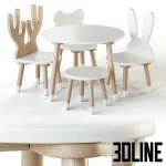 High-quality 3D model of Smile Artwood children's table and chairs set with animal shapes (bunny, bear, deer) for nursery visualization