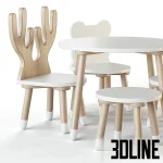 High-quality 3D model of Smile Artwood children's table and chairs set with animal shapes (bunny, bear, deer) for nursery visualization
