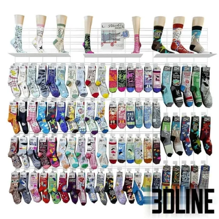 High-resolution 3D model of a large commercial sock wall display with many colorful patterned socks for retail store rendering