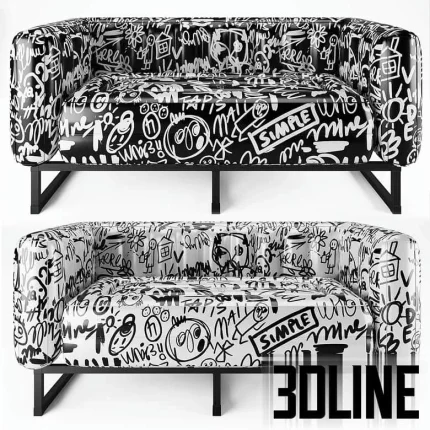 High-quality 3D model of Mojow YOMI NEP inflatable sofa with black and white graffiti print vinyl and black metal frame