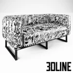 High-quality 3D model of Mojow YOMI NEP inflatable sofa with black and white graffiti print vinyl and black metal frame