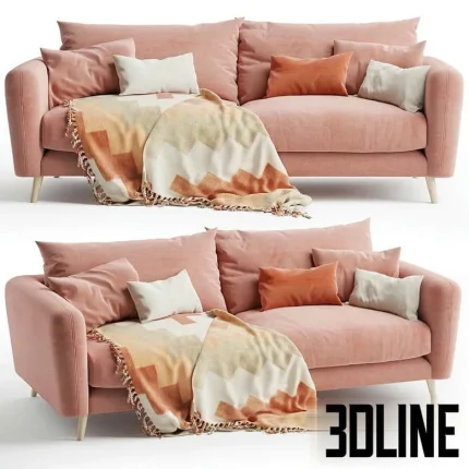 High-quality 3D model of Loaf Squishmeister sofa in pink velvet fabric with throw blanket and pillows for cozy living room render