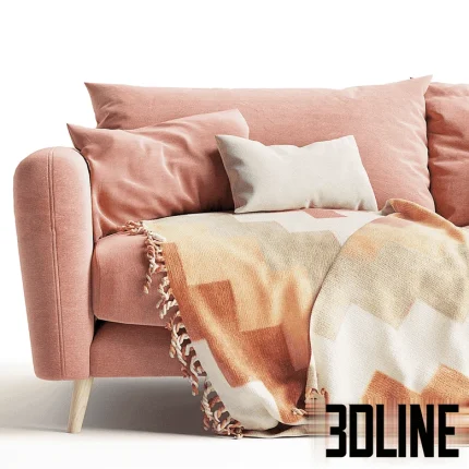High-quality 3D model of Loaf Squishmeister sofa in pink velvet fabric with throw blanket and pillows for cozy living room render