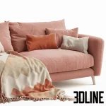 High-quality 3D model of Loaf Squishmeister sofa in pink velvet fabric with throw blanket and pillows for cozy living room render