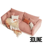 High-quality 3D model of Loaf Squishmeister sofa in pink velvet fabric with throw blanket and pillows for cozy living room render