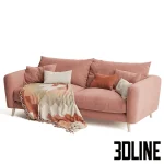 High-quality 3D model of Loaf Squishmeister sofa in pink velvet fabric with throw blanket and pillows for cozy living room render
