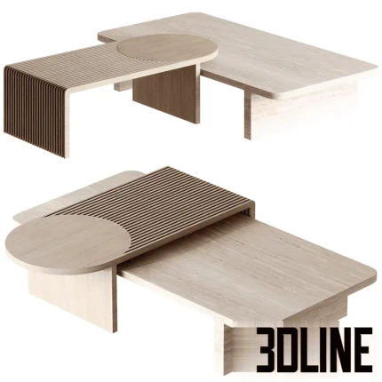High-end 3D model of DooQ Stick and Stone modular coffee table with slatted wood and travertine stone top