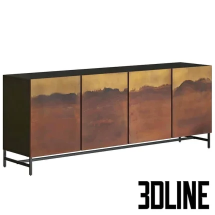 High-end 3D model of Stormy patinated metal four-door sideboard with artistic finish and thin black metal base