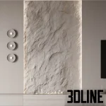High-resolution 3D model of a modern TV wall panel with rough natural stone texture, integrated ambient lighting, and bio fireplace