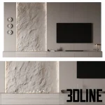 High-resolution 3D model of a modern TV wall panel with rough natural stone texture, integrated ambient lighting, and bio fireplace