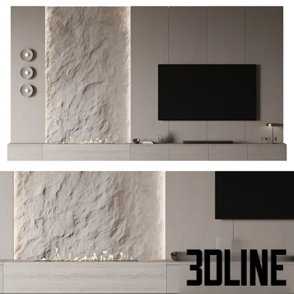 High-resolution 3D model of a modern TV wall panel with rough natural stone texture, integrated ambient lighting, and bio fireplace