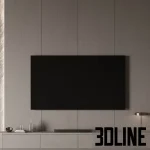 High-resolution 3D model of a modern TV wall panel with rough natural stone texture, integrated ambient lighting, and bio fireplace