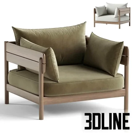 High-quality 3D model of Tanso wooden outdoor lounge chair with thick cushions and scatter pillows for patio rendering