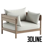 High-quality 3D model of Tanso wooden outdoor lounge chair with thick cushions and scatter pillows for patio rendering