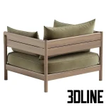 High-quality 3D model of Tanso wooden outdoor lounge chair with thick cushions and scatter pillows for patio rendering
