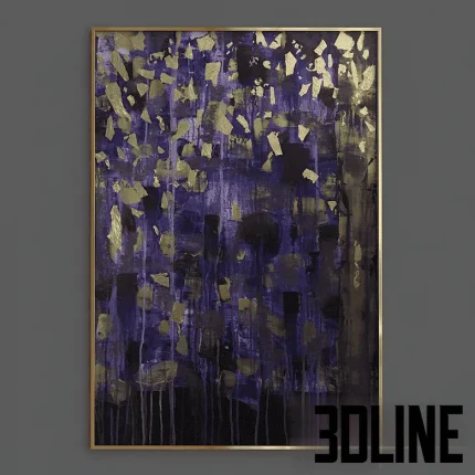 High-resolution 3D model of an abstract wall art painting with purple/gold texture and golden metal frame
