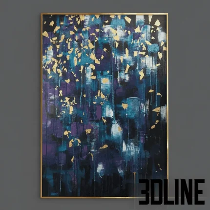 High-resolution 3D model of an abstract wall art painting with purple/gold texture and golden metal frame