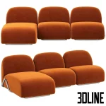 High-quality 3D model of Tacchini Victoria modular sofa with armless sections and orange velvet upholstery