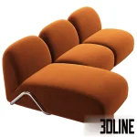 High-quality 3D model of Tacchini Victoria modular sofa with armless sections and orange velvet upholstery