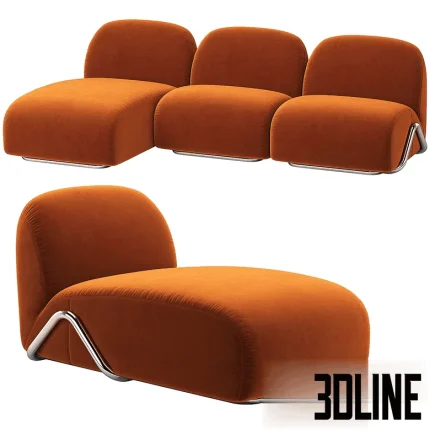 High-quality 3D model of Tacchini Victoria modular sofa with armless sections and orange velvet upholstery
